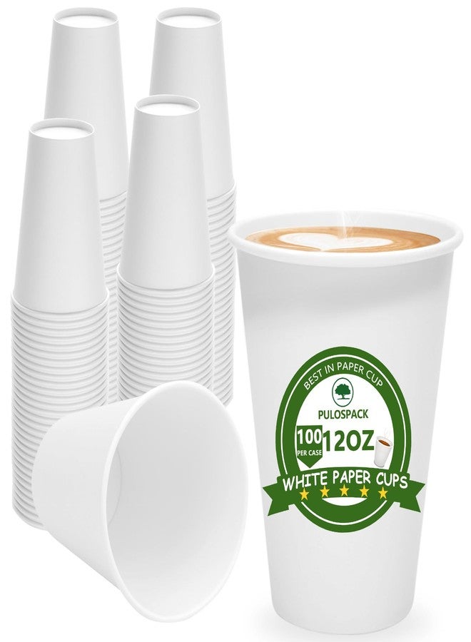 PULOSPACK 100 Count 12 oz Disposable Paper Coffee Cups – Thickened White Paper Cups for Hot/Cold Drinks, Leak-Free Food Safe Paper Cups for Home, Office, Party, Events - Image 1